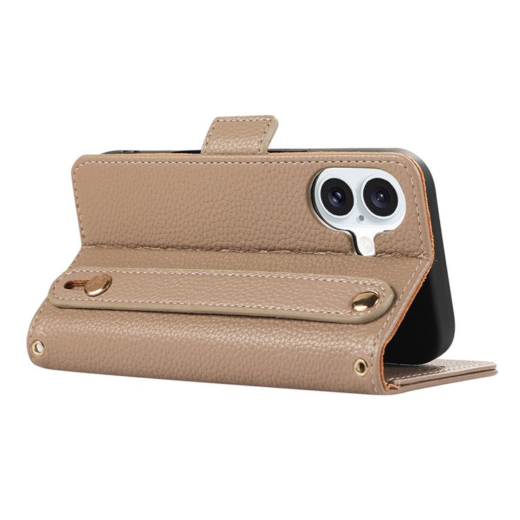 For iPhone 16 Plus Leather Case with Card Holder, Straps, Shockproof Wallet Phone Cover - Khaki