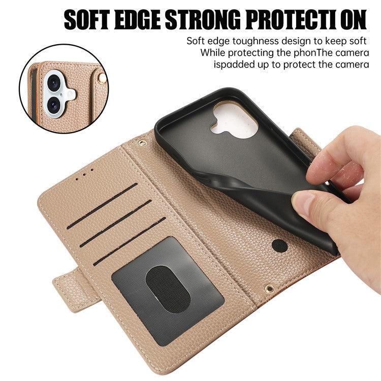 For iPhone 16 Plus Leather Case with Card Holder, Straps, Shockproof Wallet Phone Cover - Khaki