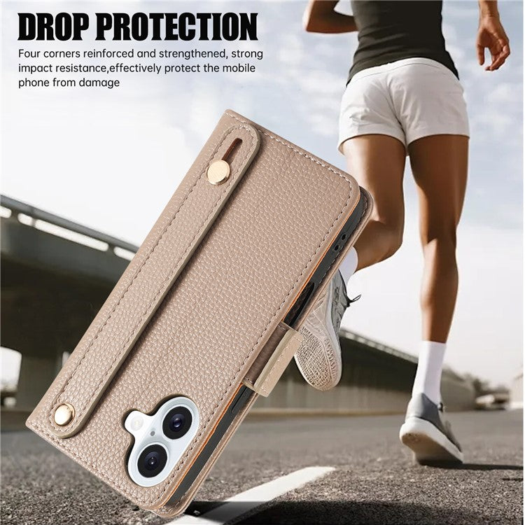 For iPhone 16 Plus Leather Case with Card Holder, Straps, Shockproof Wallet Phone Cover - Khaki