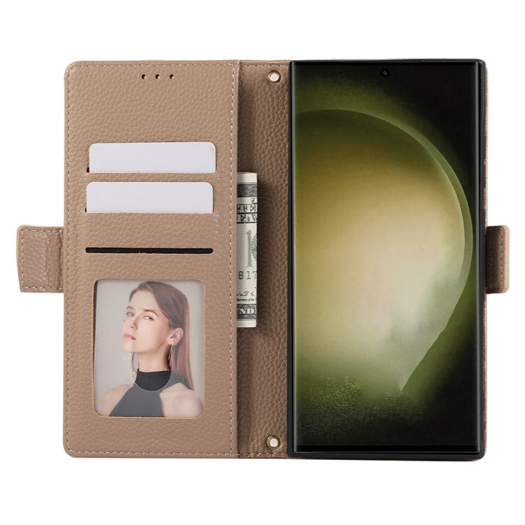 For Samsung Galaxy S24 Ultra Leather Case with Card Holder, Straps, Shockproof Wallet Phone Cover - Khaki