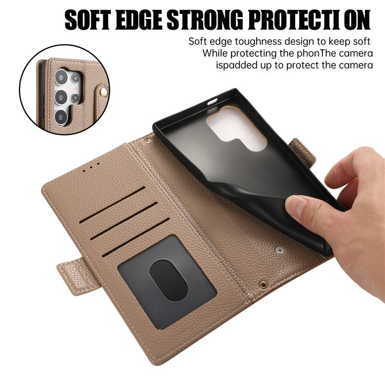 For Samsung Galaxy S24 Ultra Leather Case with Card Holder, Straps, Shockproof Wallet Phone Cover - Khaki