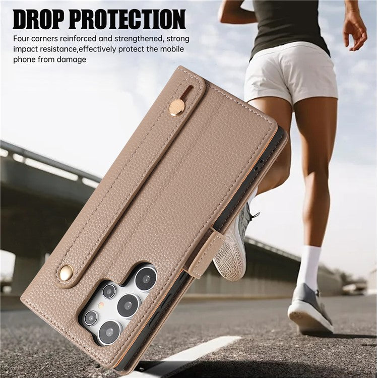 For Samsung Galaxy S24 Ultra Leather Case with Card Holder, Straps, Shockproof Wallet Phone Cover - Khaki