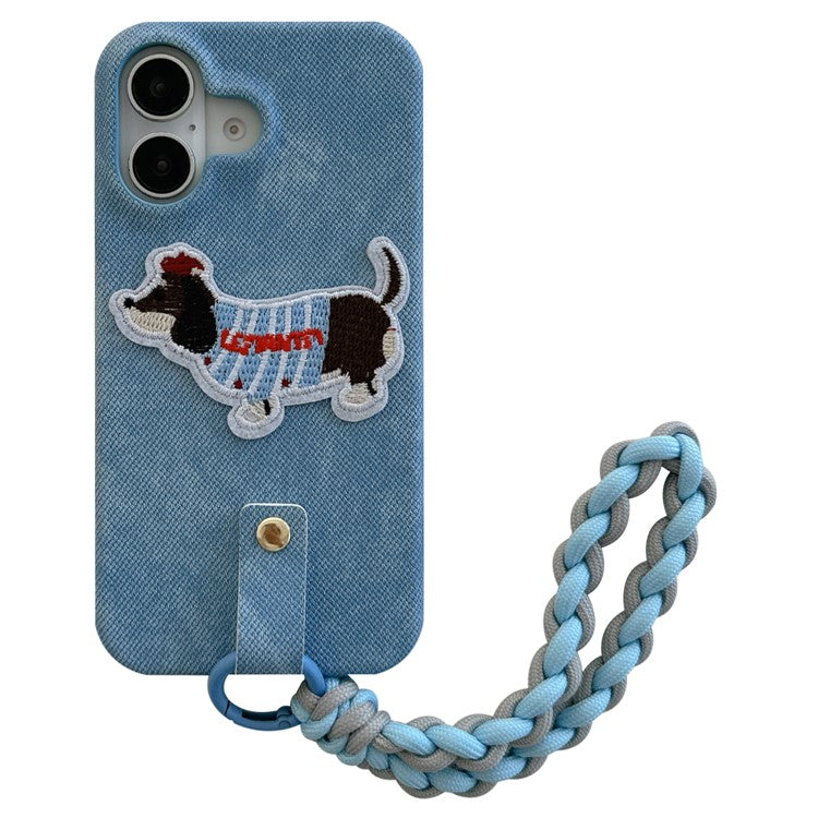 For iPhone 16 Plus Case Jean Cloth PU+PC Phone Back Cover with Braided Handy Strap, Dog Pattern - Baby Blue
