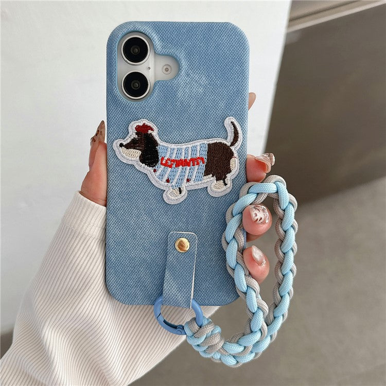 For iPhone 16 Plus Case Jean Cloth PU+PC Phone Back Cover with Braided Handy Strap, Dog Pattern - Baby Blue