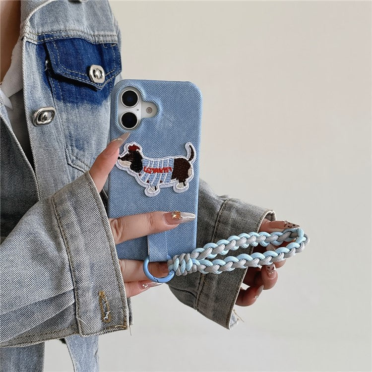 For iPhone 16 Plus Case Jean Cloth PU+PC Phone Back Cover with Braided Handy Strap, Dog Pattern - Baby Blue