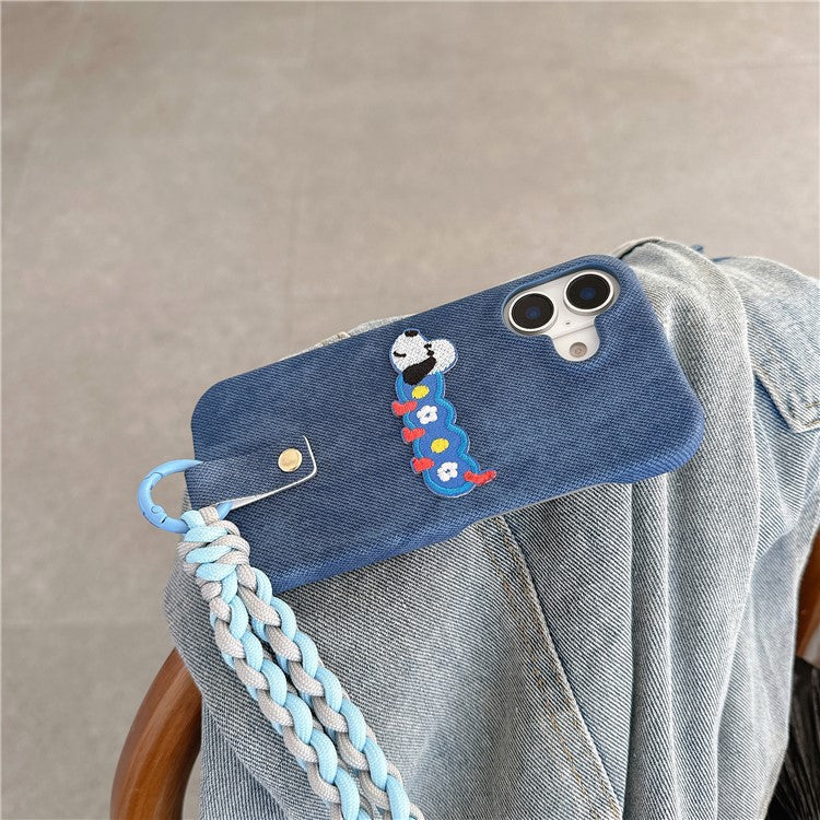 For iPhone 16 Plus Case Jean Cloth PU+PC Phone Back Cover with Braided Handy Strap, Dog Pattern - Baby Blue