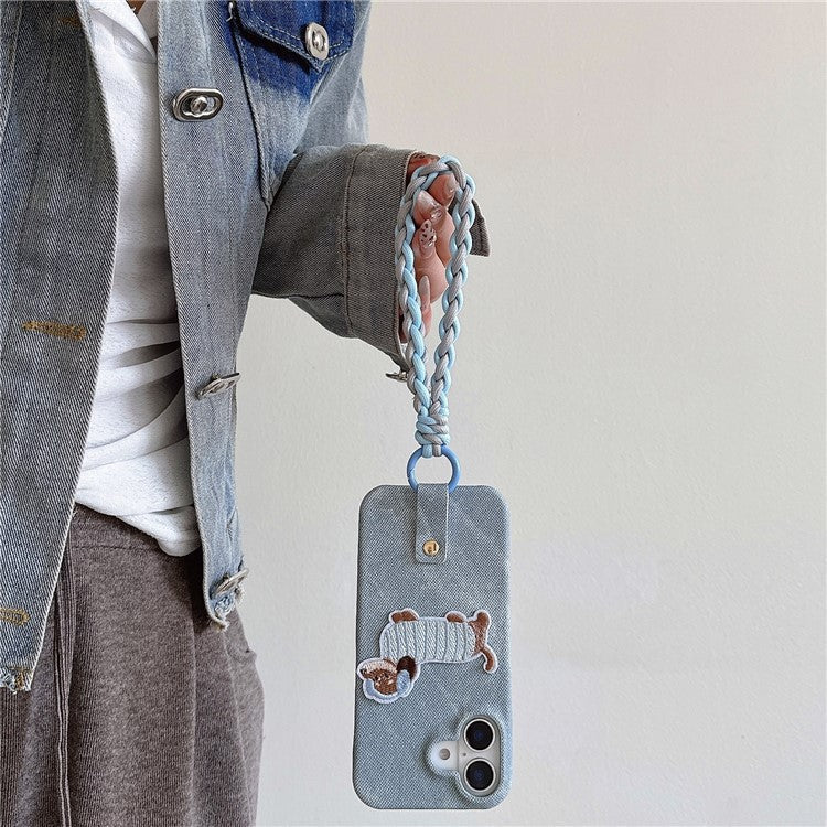 For iPhone 16 Plus Case Jean Cloth PU+PC Phone Back Cover with Braided Handy Strap, Dog Pattern - Baby Blue