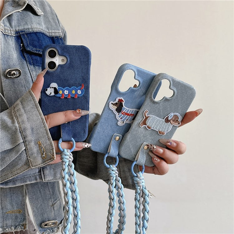 For iPhone 16 Plus Case Jean Cloth PU+PC Phone Back Cover with Braided Handy Strap, Dog Pattern - Baby Blue