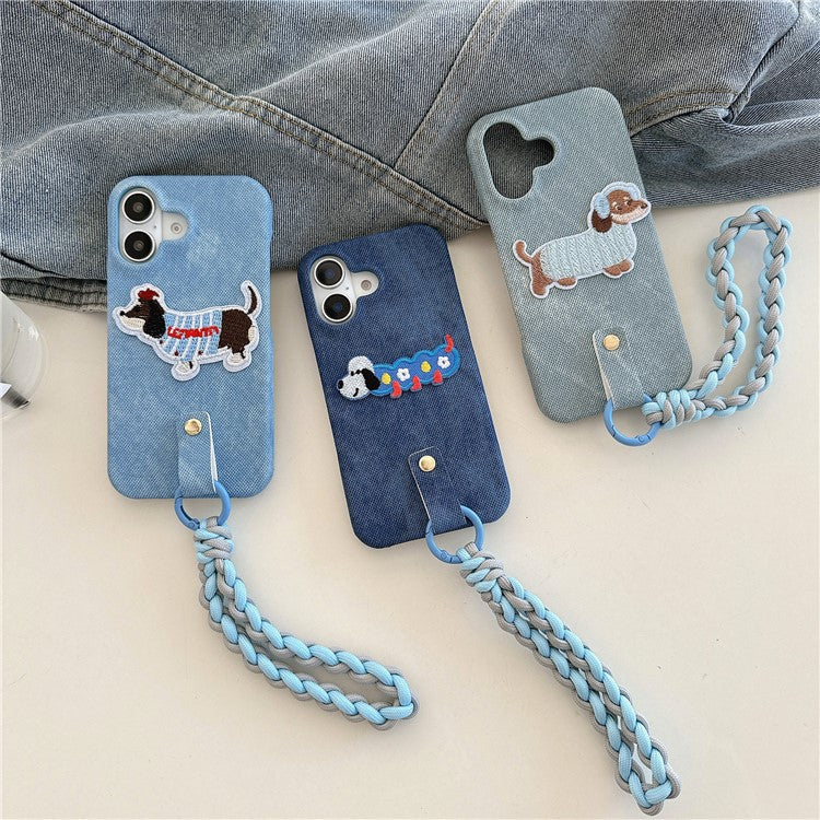 For iPhone 16 Plus Case Jean Cloth PU+PC Phone Back Cover with Braided Handy Strap, Dog Pattern - Baby Blue