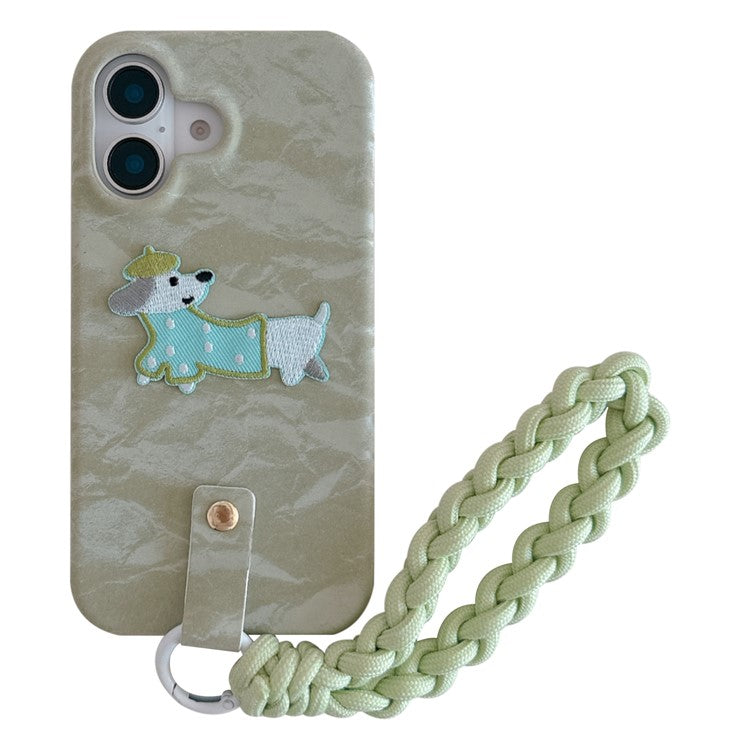 For iPhone 16 Case Cute Pattern Soft PU+PC Phone Back Cover with Braided Handy Strap - Lihgt Green Dog