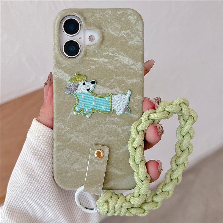 For iPhone 16 Case Cute Pattern Soft PU+PC Phone Back Cover with Braided Handy Strap - Lihgt Green Dog