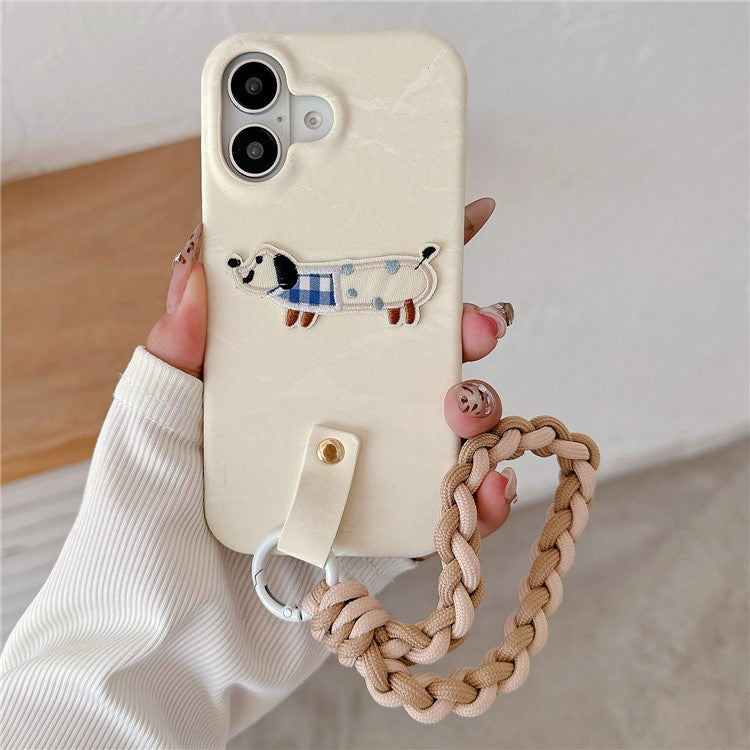 For iPhone 16 Case Cute Pattern Soft PU+PC Phone Back Cover with Braided Handy Strap - Apricot Dog