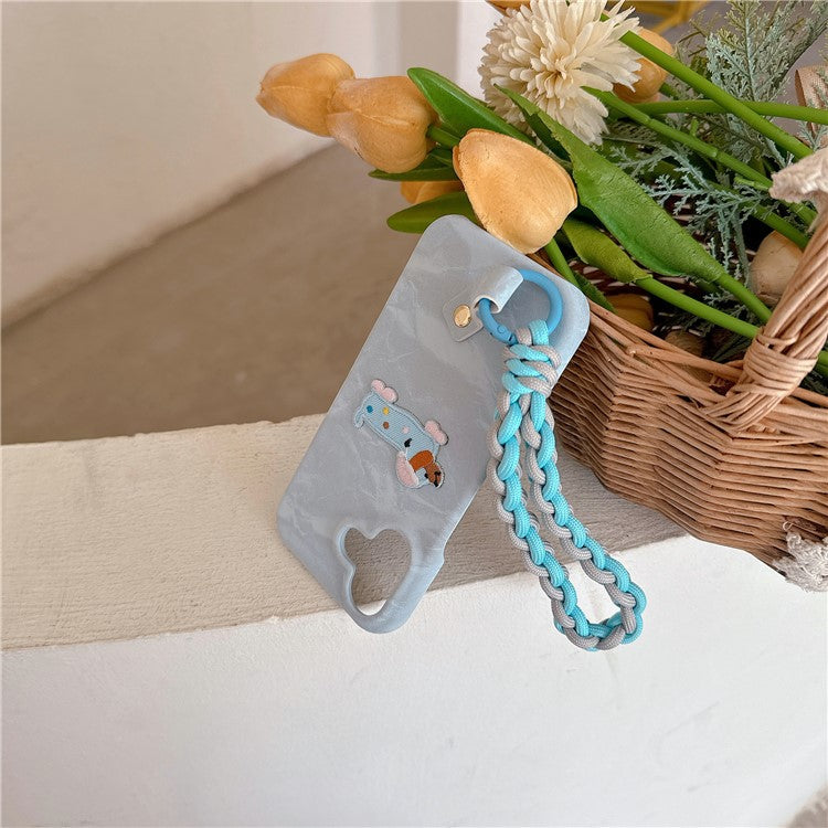 For iPhone 16 Case Cute Pattern Soft PU+PC Phone Back Cover with Braided Handy Strap - Apricot Dog