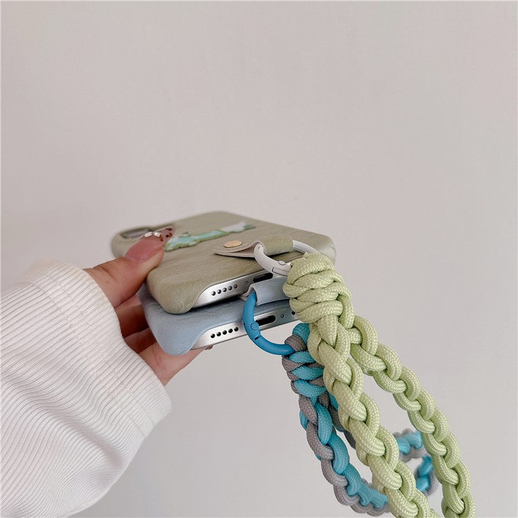 For iPhone 16 Case Cute Pattern Soft PU+PC Phone Back Cover with Braided Handy Strap - Apricot Dog