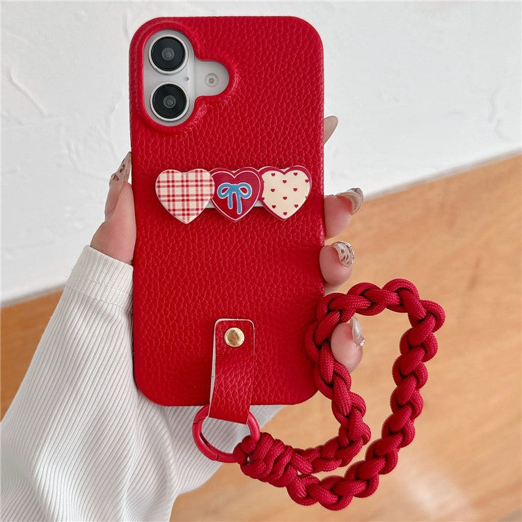 For iPhone 16 Case Christmas Design PU+PC Phone Back Cover with Heart Kickstand, Strap