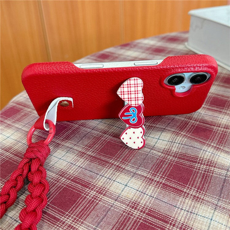 For iPhone 16 Case Christmas Design PU+PC Phone Back Cover with Heart Kickstand, Strap