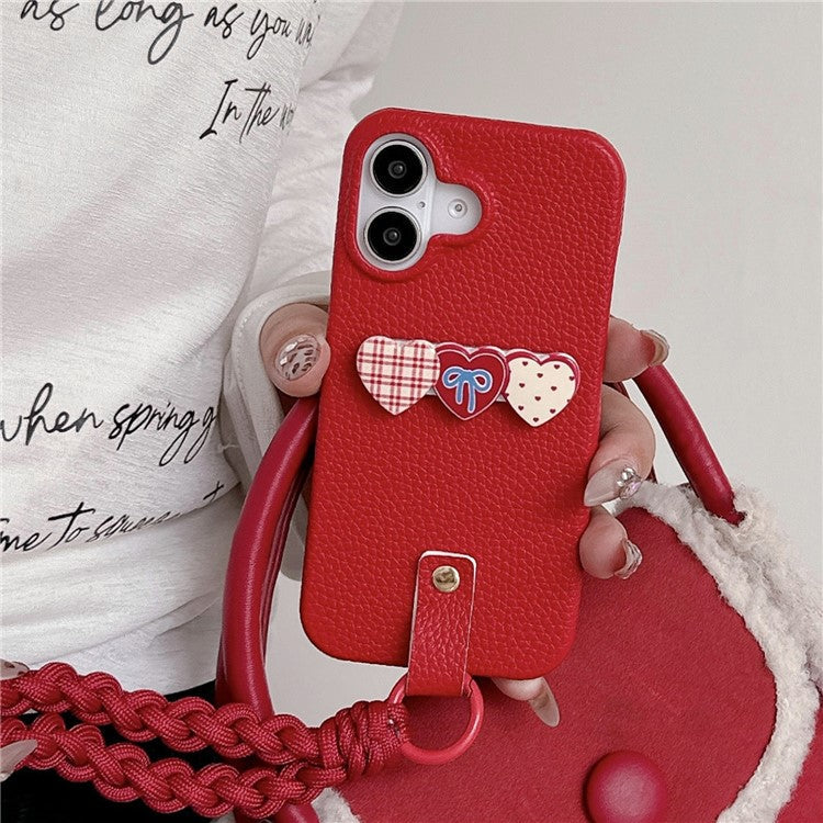 For iPhone 16 Case Christmas Design PU+PC Phone Back Cover with Heart Kickstand, Strap