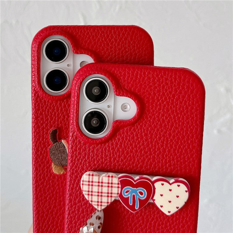 For iPhone 16 Case Christmas Design PU+PC Phone Back Cover with Heart Kickstand, Strap