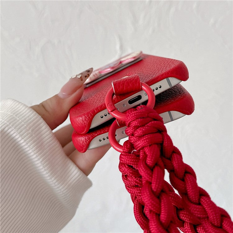 For iPhone 16 Case Christmas Design PU+PC Phone Back Cover with Heart Kickstand, Strap