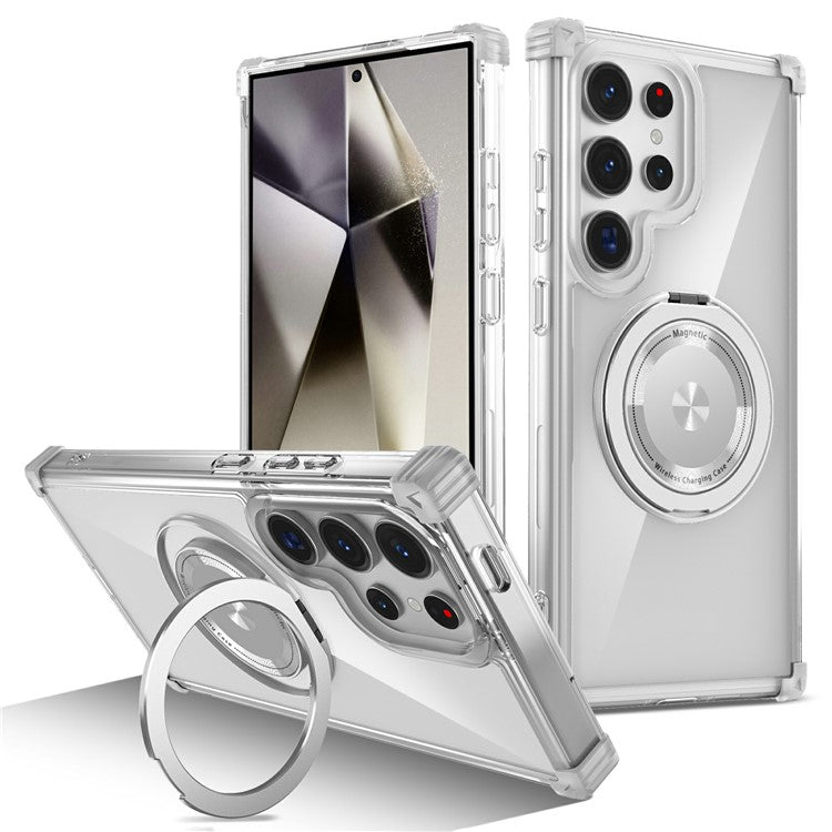 For Samsung Galaxy S25 Ultra Case Compatible with MagSafe Rotating Kickstand PC+TPU Back Cover - Transparent