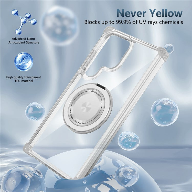 For Samsung Galaxy S25 Ultra Case Compatible with MagSafe Rotating Kickstand PC+TPU Back Cover - Transparent