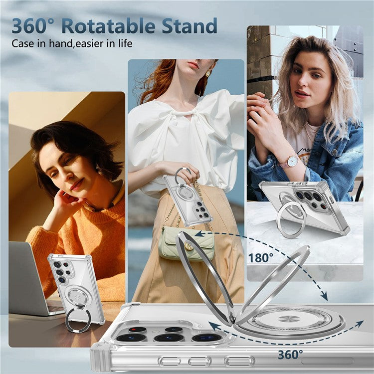 For Samsung Galaxy S25 Ultra Case Compatible with MagSafe Rotating Kickstand PC+TPU Back Cover - Transparent