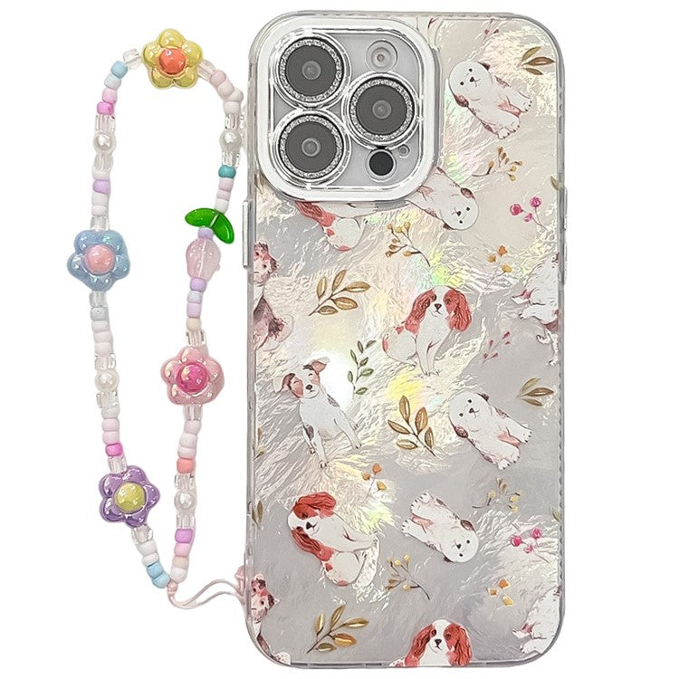 For iPhone 16 Pro Case IMD Cartoon PC+TPU Back Cover with Glass Lens Film, Beaded Strap - MK3