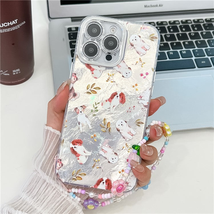 For iPhone 16 Pro Case IMD Cartoon PC+TPU Back Cover with Glass Lens Film, Beaded Strap - MK3