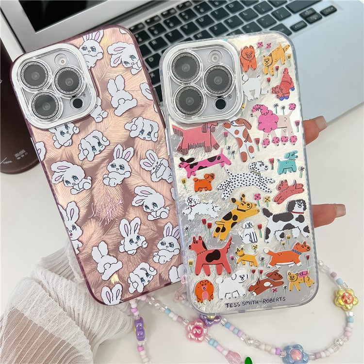 For iPhone 16 Pro Case IMD Cartoon PC+TPU Back Cover with Glass Lens Film, Beaded Strap - MK3