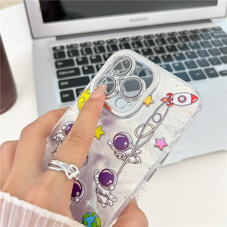 For iPhone 16 Pro Case IMD Cartoon PC+TPU Back Cover with Glass Lens Film, Beaded Strap - MK3