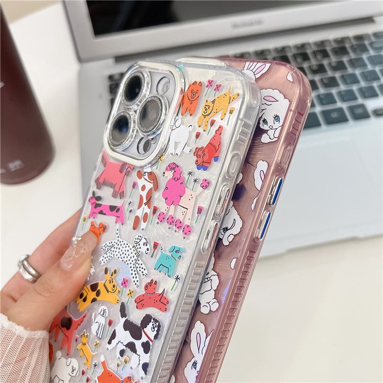 For iPhone 16 Pro Case IMD Cartoon PC+TPU Back Cover with Glass Lens Film, Beaded Strap - MK3