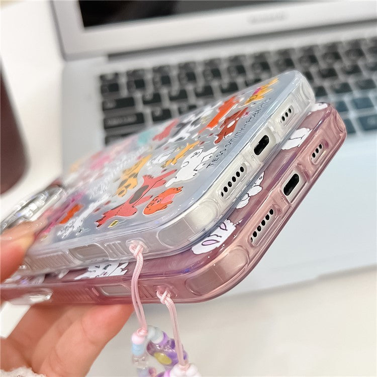 For iPhone 16 Pro Case IMD Cartoon PC+TPU Back Cover with Glass Lens Film, Beaded Strap - MK3