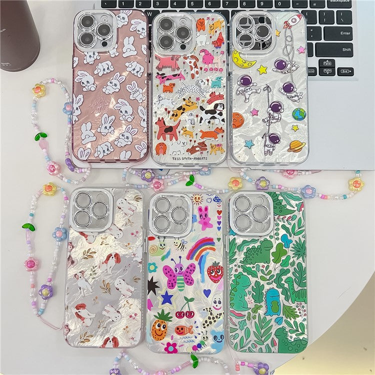 For iPhone 16 Pro Case IMD Cartoon PC+TPU Back Cover with Glass Lens Film, Beaded Strap - MK3