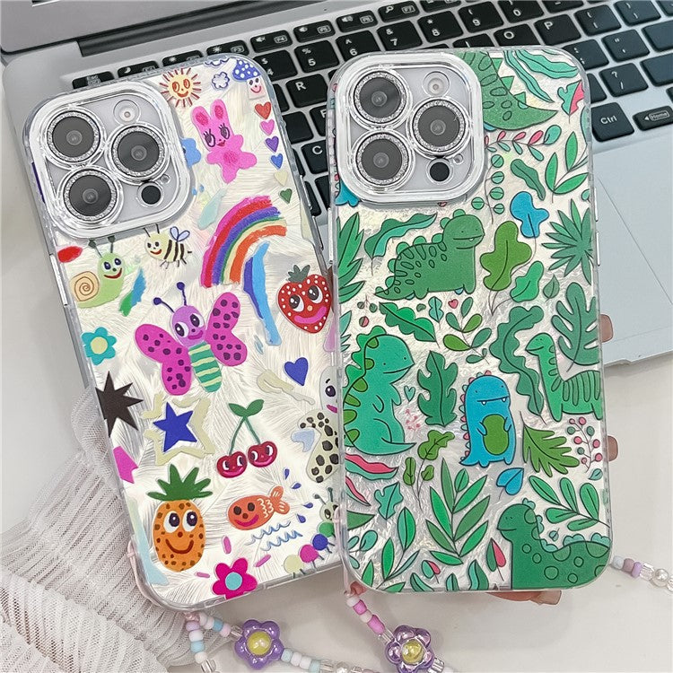 For iPhone 16 Pro Case IMD Cartoon PC+TPU Back Cover with Glass Lens Film, Beaded Strap - MK4