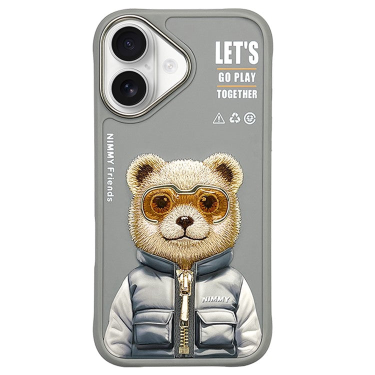 NIMMY For iPhone 16 Case Embroidery Protective Phone Cover - Grey Bear