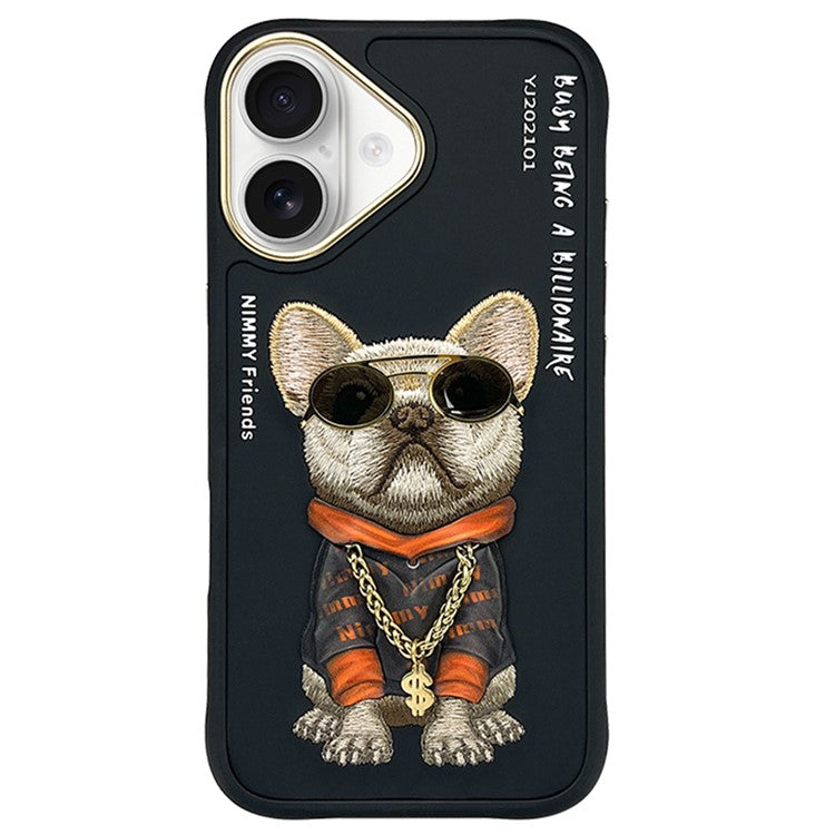 NIMMY for iPhone 16 Plus Case Embroidery PU Leather+PC+TPU Phone Cover - Black Pug Dog