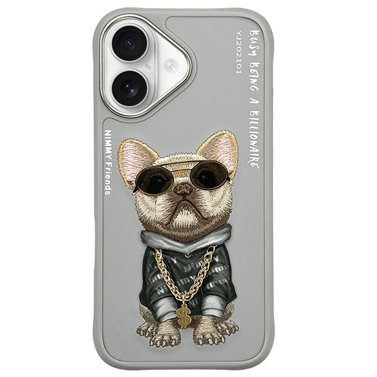 NIMMY for iPhone 16 Case Embroidery PU Leather+PC+TPU Phone Cover - Grey Pug Dog