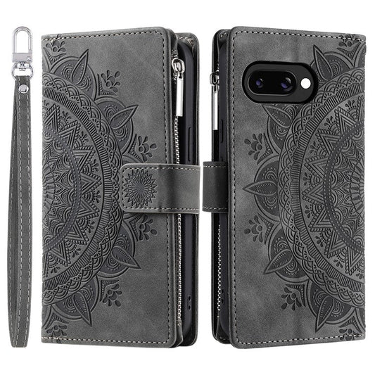 Style 006 For Google Pixel 9a Phone Case Mandala Flower Pattern PU Leather Zipper Wallet Stand Cover - Grey