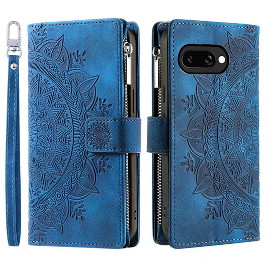 Style 006 For Google Pixel 9a Phone Case Mandala Flower Pattern PU Leather Zipper Wallet Stand Cover - Blue