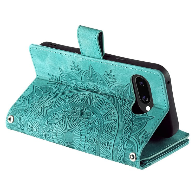 Style 006 For Google Pixel 9a Phone Case Mandala Flower Pattern PU Leather Zipper Wallet Stand Cover - Mint Green