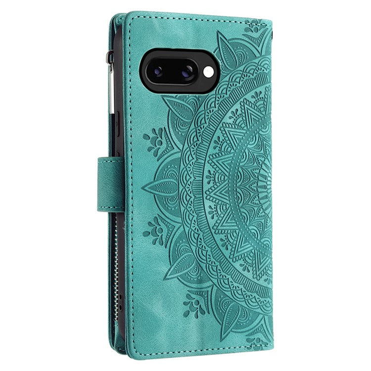 Style 006 For Google Pixel 9a Phone Case Mandala Flower Pattern PU Leather Zipper Wallet Stand Cover - Mint Green