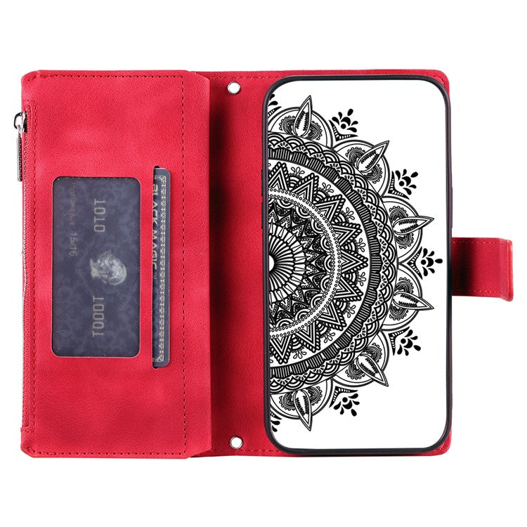 Style 006 For Google Pixel 9a Phone Case Mandala Flower Pattern PU Leather Zipper Wallet Stand Cover - Red
