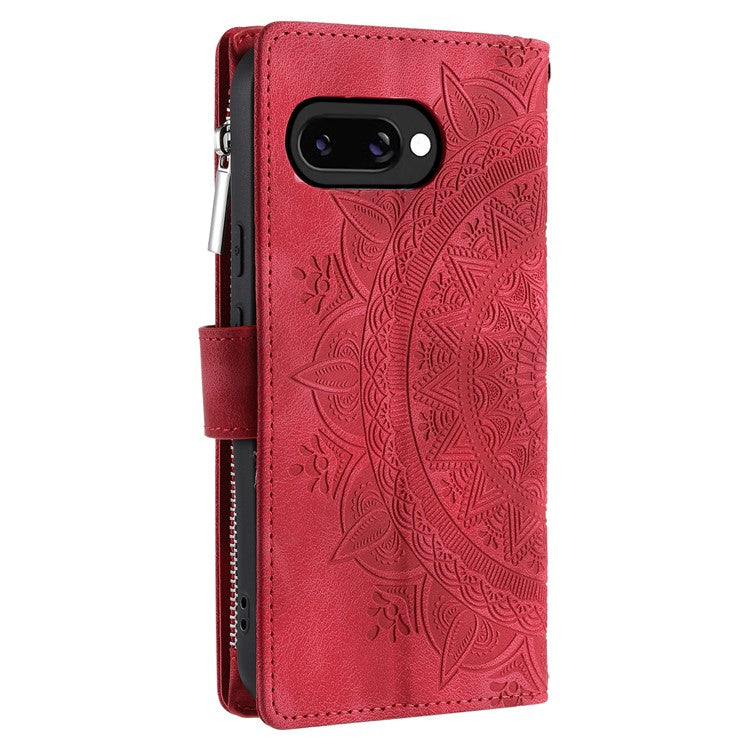 Style 006 For Google Pixel 9a Phone Case Mandala Flower Pattern PU Leather Zipper Wallet Stand Cover - Red
