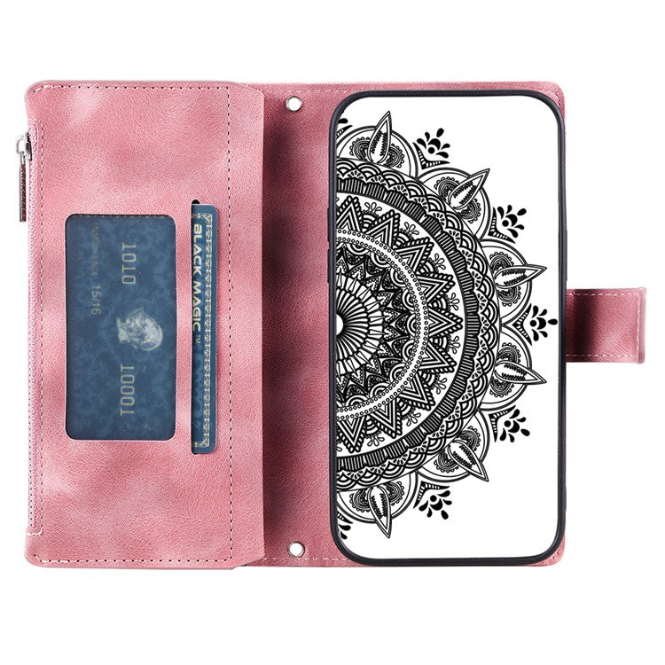 Style 006 For Google Pixel 9a Phone Case Mandala Flower Pattern PU Leather Zipper Wallet Stand Cover - Rose Gold