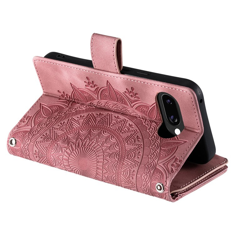 Style 006 For Google Pixel 9a Phone Case Mandala Flower Pattern PU Leather Zipper Wallet Stand Cover - Rose Gold