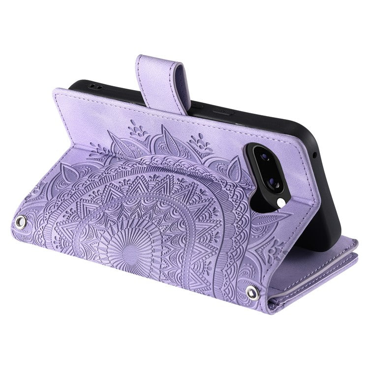 Style 006 For Google Pixel 9a Phone Case Mandala Flower Pattern PU Leather Zipper Wallet Stand Cover - Purple