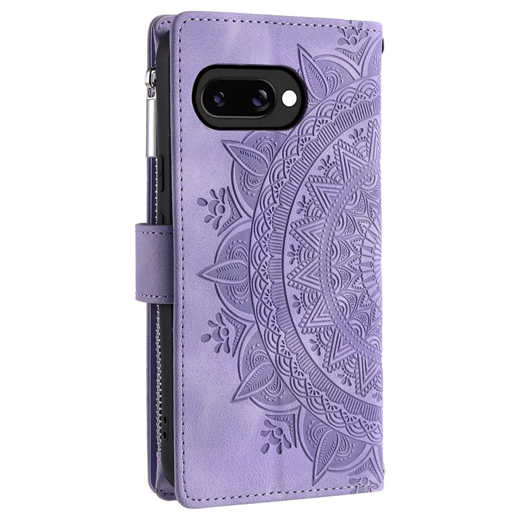Style 006 For Google Pixel 9a Phone Case Mandala Flower Pattern PU Leather Zipper Wallet Stand Cover - Purple
