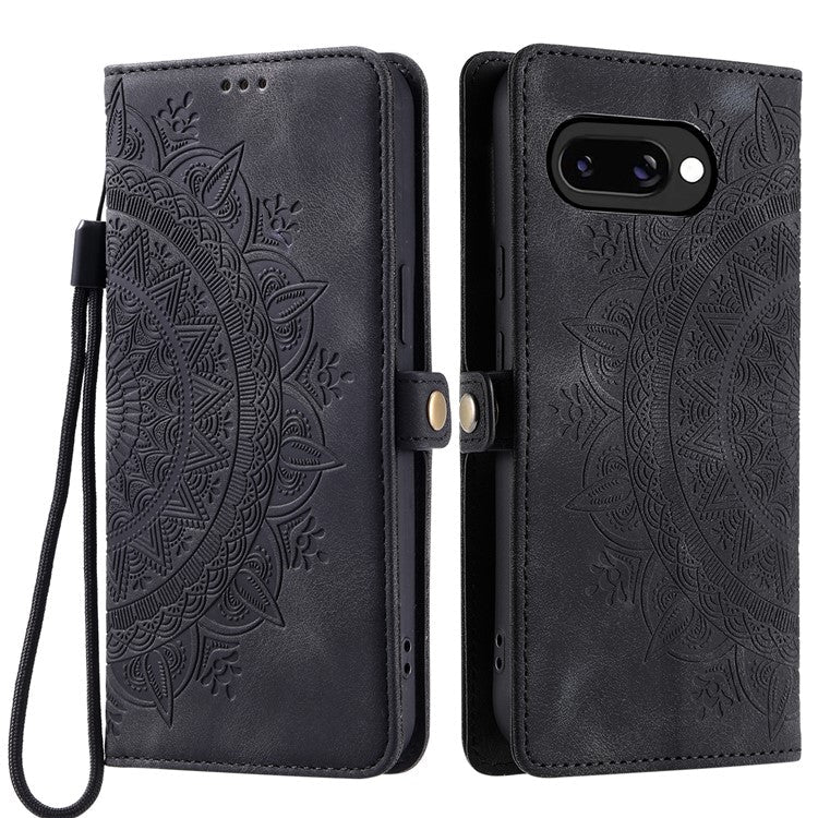 Style 016 For Google Pixel 9a Case Skin Feel Totem Imprinted Wallet Leather Phone Cover - Black