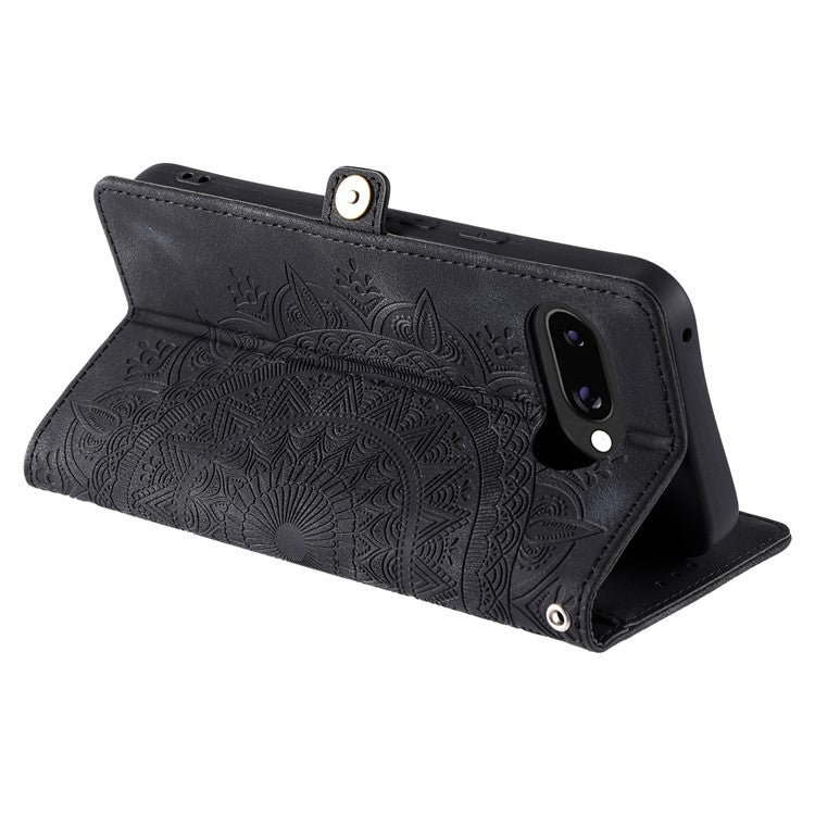 Style 016 For Google Pixel 9a Case Skin Feel Totem Imprinted Wallet Leather Phone Cover - Black