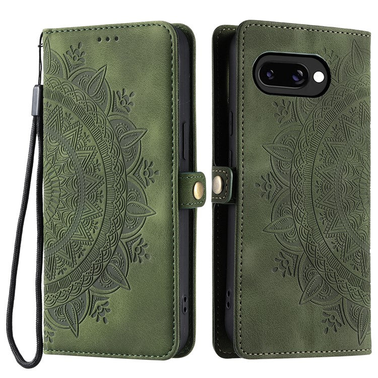 Style 016 For Google Pixel 9a Case Skin Feel Totem Imprinted Wallet Leather Phone Cover - Blackish Green
